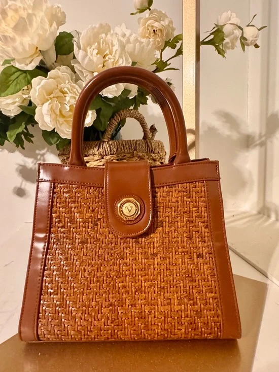 Top-Handle Woven Satchel in Cognac Brown - Picture 1 of 6